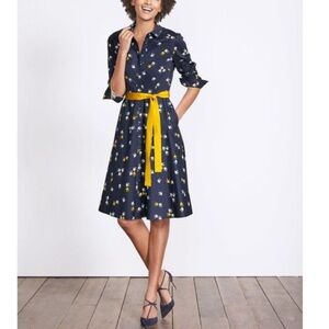 Boden Womens Sparrow Bird Posy Belted Button Down Shirt Blue Dress Size 4R